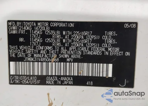 2008 Toyota Rav4 Limited V6 z USA, uszkodzony, nr VIN JTMBK31V485064068